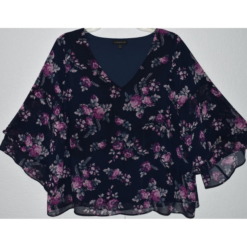 Lane Bryant Top 18/20 Navy Floral Lined V-Neck Ruffle Flutter Sleeve Lightweight - Picture 3 of 16